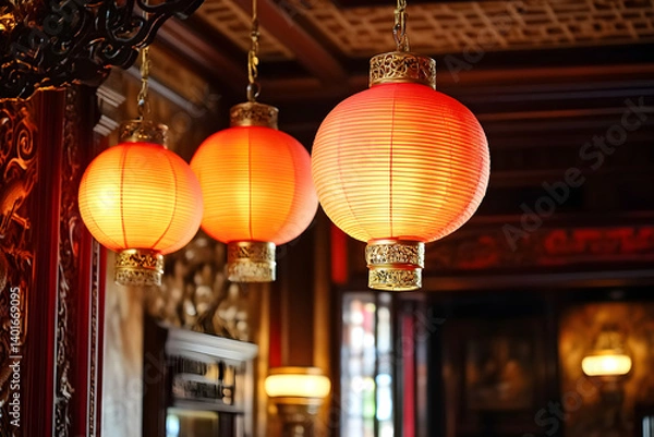Obraz Vintage Charm in a Chinese Restaurant - Red Lanterns and Traditional Dragon Motifs Create a Nostalgic Ambiance
