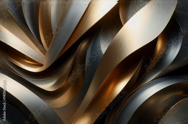 Fototapeta Abstract art with swirling metallic ribbons in gold and silver tones.  Overlapping layers create a dynamic, flowing, and elegant visual.