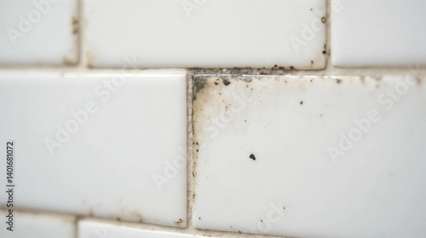 Fototapeta Black mold in grout between white ceramic wall tiles in a kitchen.

