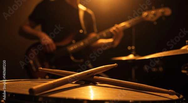 Fototapeta Drumsticks resting on snare drum with bassist in background atmospheric stage lighting live music performance concept