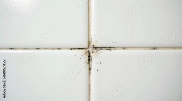 Fototapeta Black mold in grout between white ceramic wall tiles in a kitchen.

