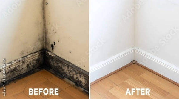 Fototapeta Mold in the corner of a wall above the laminate flooring, photos before and after cleaning Comparative Before and after black mold dirty wall and clean white wall	
