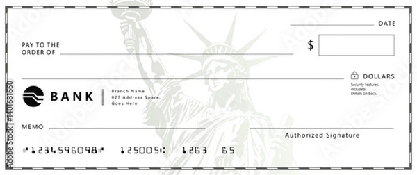 Fototapeta Bank check, vector blank money cheque, checkbook template with guilloche pattern and fields. Currency payment coupon, money check background