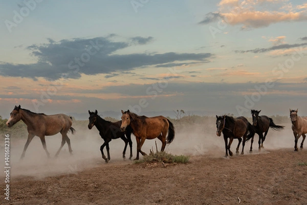 Fototapeta A group of horses running in the desert. The sky is cloudy and the sun is setting