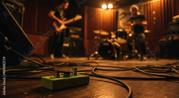 Fototapeta Close up of guitar pedal on wooden floor in music rehearsal studio with band playing blurred background atmosphere