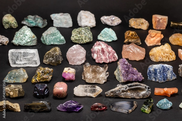 Fototapeta Collection set of various stones and geological minerals on dark background. Colorful, various raw mineral stones and gemstones