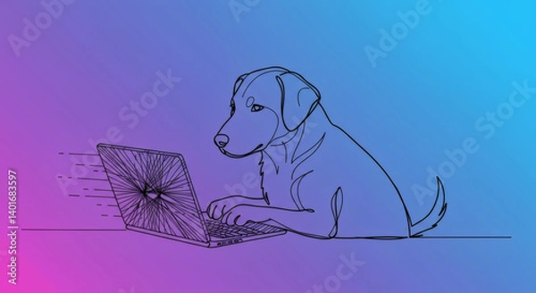 Fototapeta Minimalist black and white line drawing of dog using laptop modern pet technology digital animal cartoon illustration