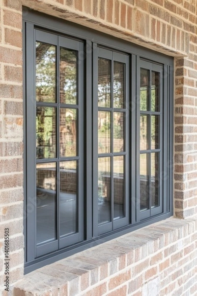 Fototapeta Elegant gray window frame set against rustic brick wall showcases modern design in residential space during daylight hours