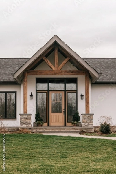 Fototapeta Modern home entrance showcasing contemporary architecture with stone accents and wooden beams, surrounded by a lush green lawn on a cloudy day