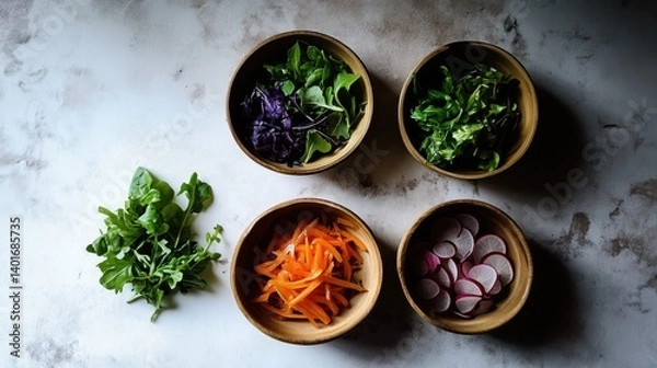 Fototapeta Colorful fresh salad ingredients in wooden bowls with arugula, spinach, carrots, radishes, and red cabbage