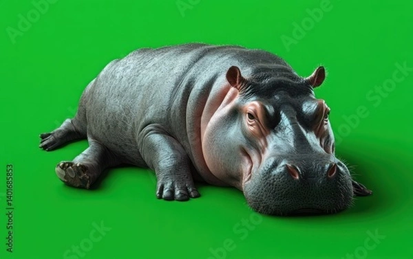 Fototapeta 3D Realistic Hippopotamus Lying on Green Background with Sharp Lighting and Texture Focus