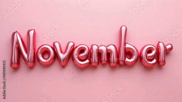 Fototapeta The word 'November' is spelled out using rose gold letter balloons against a pale pink background.  A simple, elegant image perfect for seasonal greetings.