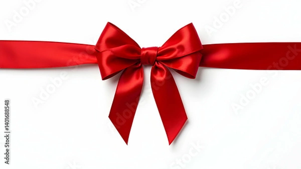 Fototapeta A vibrant red satin ribbon, elegantly tied into a perfect bow, rests against a pristine white background.  The image is clean, simple, and ideal for festive occasions.