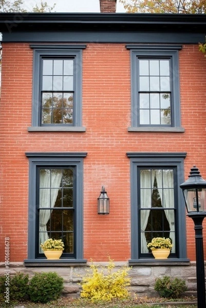 Fototapeta Historic brick house with large windows and decorative planters showcasing autumn foliage in a serene neighborhood setting during a cloudy day