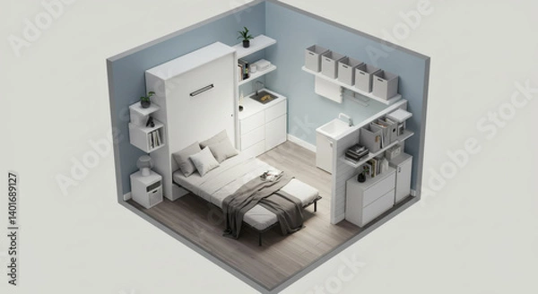 Fototapeta Cozy minimalist apartment interior concept compact living space modern furniture efficient small studio home design
