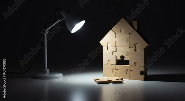 Fototapeta Puzzle wooden house illuminated by desk lamp house construction solution home puzzle finance property management concept
