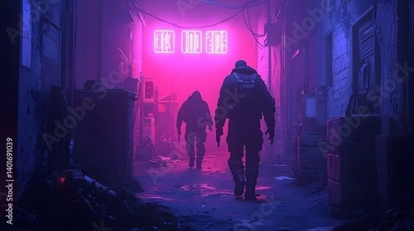 Obraz Cyberpunk alleyway at night, two figures walk towards neon sign. Futuristic urban scene, dark and mysterious atmosphere.