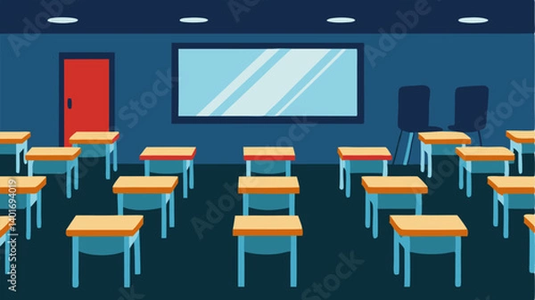 Fototapeta Low Attendance Empty seats in a classroom where only a few students show up indicating that students are disengaged due to lack of funding and incentives.