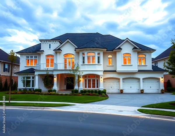 Fototapeta A large suburban McMansion-style home in a quiet American neighborhood on a cloudy day, with a lawn and landscaped yard.