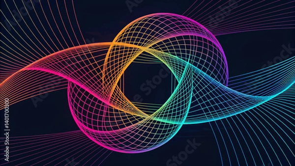 Fototapeta Abstract design with intertwined geometric lines, black background with colorful neons, AI