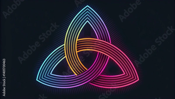 Fototapeta Abstract design with intertwined geometric lines, black background with colorful neons, AI