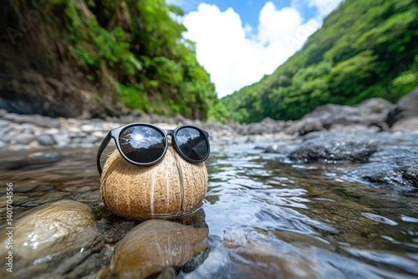 Obraz Coconut wearing sunglasses in a rocky stream, lush green jungle landscape, clear water flowing, sunny sky and clouds reflected in sunglasses.