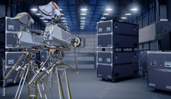 Fototapeta Two professional broadcast cameras on tripods in a studio storage room with large transport cases. Scene relates to video production and television broadcasting.