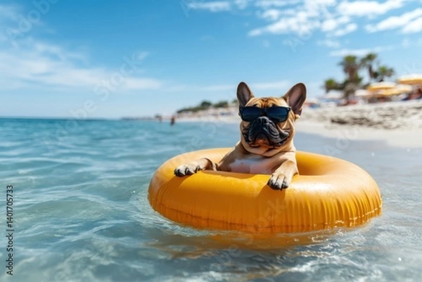 Obraz French Bulldog wearing sunglasses, floating on yellow inflatable ring in ocean, sunny beach in background.