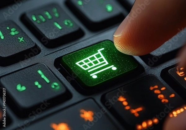 Fototapeta Online Shopping Keyboard with Green Cart Key Finger Pressing