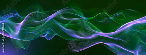 Fototapeta Sound wave, art background and neon wallpaper with abstract patterns, frequency flow and technology. Colorful design, glowing dots and creative motion with texture, swirl and futuristic connection