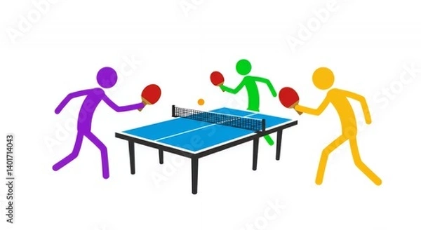 Fototapeta Colorful Stick Figures Playing Table Tennis on White Background