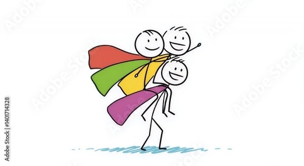 Obraz Colorful Stick Figures Superhero Piggyback Ride Illustration