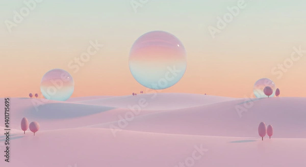 Fototapeta Surreal pastel landscape with floating glass spheres over rolling hills, soft pink tones, and a dreamy, futuristic atmosphere.