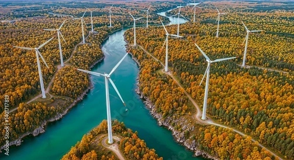 Fototapeta Aerial View of Wind Turbines and Turquoise River Amidst Vibrant Autumn Forest – Scenic Renewable Energy Landscape