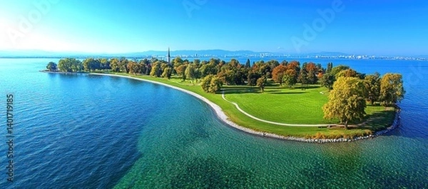 Fototapeta Scenic aerial view of a tranquil island with lush green grass, colorful trees, and clear blue water.
