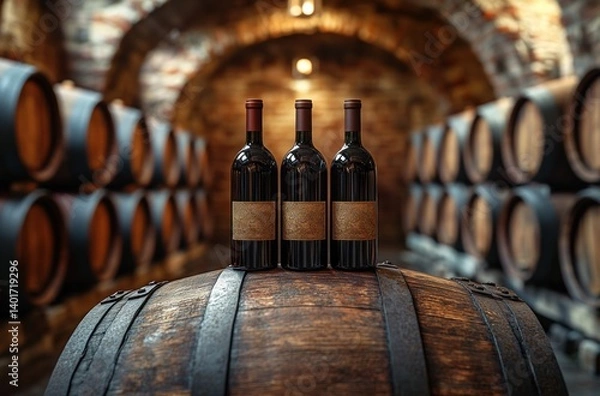 Obraz Red Wine Tasting in Wine Cellar with Wooden Barrels and Bottles in Tuscany