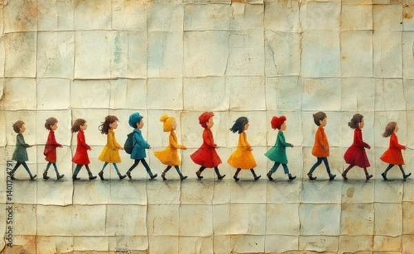 Fototapeta Cartoon Group of Migrating People Walking Away from Poverty and War