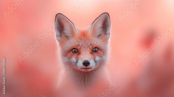 Fototapeta Portrait of a Red Fox Kit in a Soft Pink and Orange Blurred Background