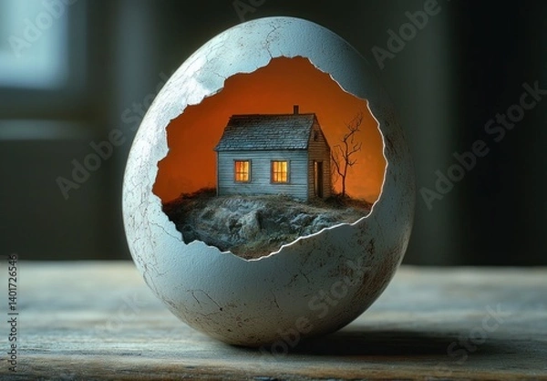 Fototapeta Small House Inside Broken Egg on Wooden Table with Dreamlike Lighting and Minimalist Composition