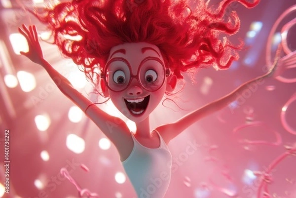 Obraz A lively girl with cherry-red hair and round glasses is the main subject of the image.