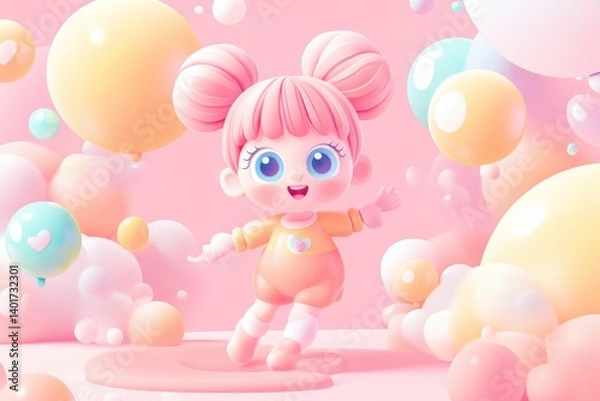 Fototapeta A vibrant image featuring a cheerful girl with cotton-candy pink twin buns bouncing joyfully.