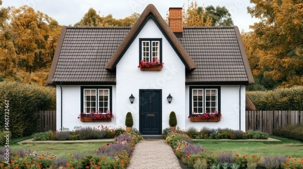 Fototapeta A cobblestone cottage nestled in the heart of an English countryside village, with a thatched roof and charming flower boxes adorning its windows.