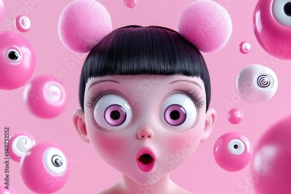 Obraz A vibrant girl with cotton-candy pink twin buns captures attention. She exudes a fun and carefree vibe in the image.