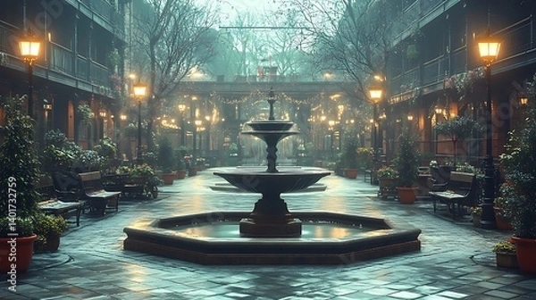 Fototapeta Mysterious Old Courtyard with Fountain and Lanterns