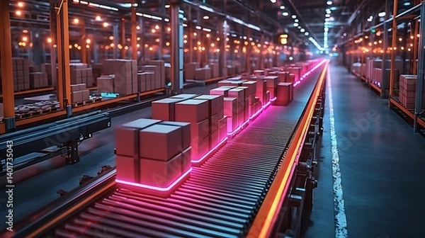 Fototapeta Automated Futuristic Warehouse with Neon Conveyor Belts and Cardboard Boxes