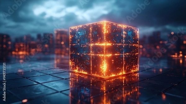 Fototapeta Futuristic Glowing Cube in Cyberpunk Cityscape at Night with Neon Lights