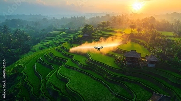 Fototapeta Agricultural drones hovering over terraced rice fields, spraying precise nutrient clouds under a golden-hour sun