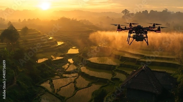 Fototapeta Agricultural drones hovering over terraced rice fields, spraying precise nutrient clouds under a golden-hour sun