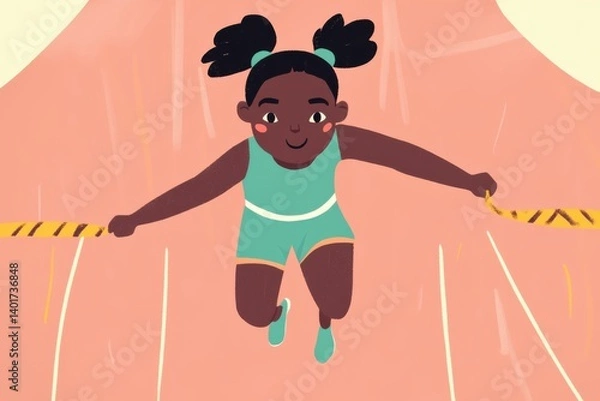 Obraz A focused girl with teal pigtails mid-jump in action. Bright and dynamic image capturing motion and energy.