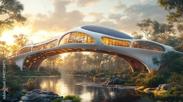 Fototapeta AI-designed eco-bridges with integrated solar panels, holographic stress tests simulating traffic loads